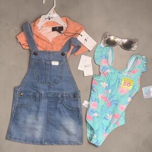 Girls 2T Summer Bundle NWT Denim Overall Dress + Shirt + Swimsuit + Sunglasses